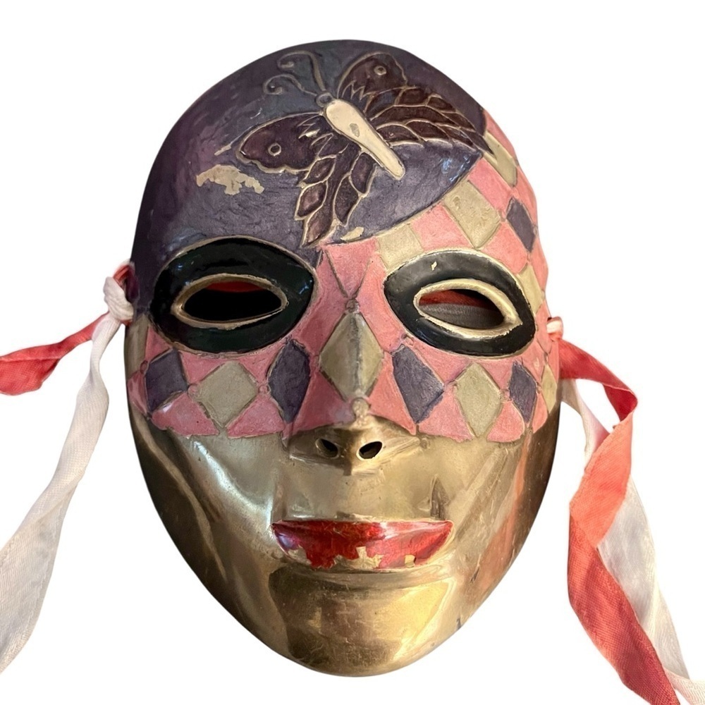 Vintage Brass Masquerade Mardi Gras Mask Wall Decor Hand Painted Butterfly Face